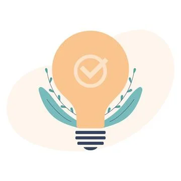 Light bulb and check mark. Idea, solution concepts. Vector flat illustration Stock Illustration