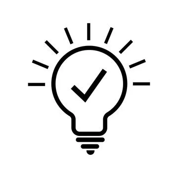 Light bulb and check mark icon.Light bulb with sparkle rays shine. Idea lam.. Stock Illustration