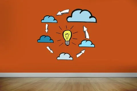 Light bulb and clouds on orange wall Stock Photos