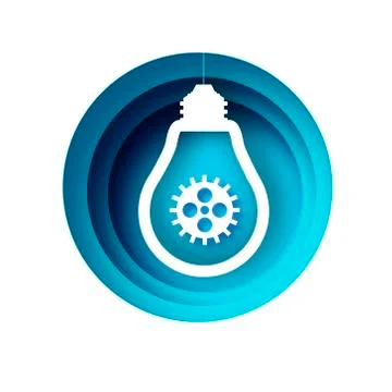Light bulb and cog inside in paper cut style. Origami Electric bulb with gears Illustrazione stock