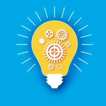 Light bulb and cogs inside in paper cut style. Origami Electric bulb with gears Stock Illustration