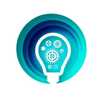 Light bulb and cogs inside in paper cut style. Origami Electric bulb with gears Stock Illustration