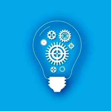 Light bulb and cogs inside in paper cut style. Origami Electric bulb with gears Stock Illustration