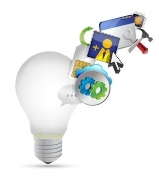 Light bulb and colorful application icons isolated on white background Illustrazione stock