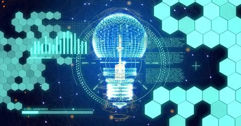 Light bulb and data charts image over hexagonal shapes and digital network Stock Photos