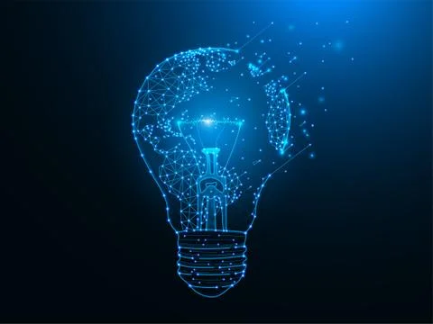 Light bulb and map of planet Earth polygonal illustration on dark blue backgr Stock Illustration