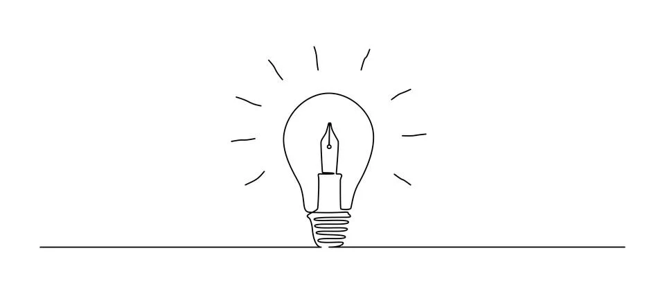 Light bulb and pen in one continuous line drawing. Creative idea innovation and Stock Illustration
