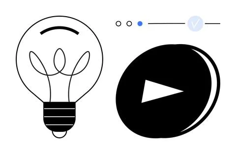 Light bulb and play button with progress indicators. Ideal for creativity, in Stock Illustration