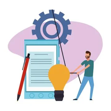 Light bulb and smartphone device and man pulling a gear wheel Illustrazione stock