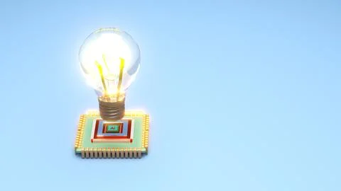 Light bulb on artificial intelligence chip and circuit board with copy space Stock Photos