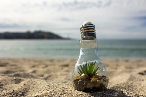 A light bulb on the beach against the background of water. Stock Photos