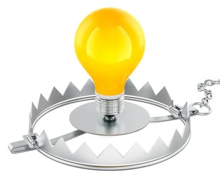 Light bulb in bear trap, dangerous idea risk concept. 3d rendering Stock Illustration