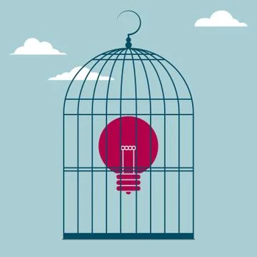 The light bulb is in the bird cage. Isolated on blue background. Stock Illustration
