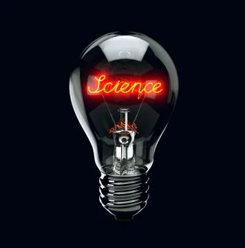 Light bulb on black background with word science. 3d render Illustrazione stock