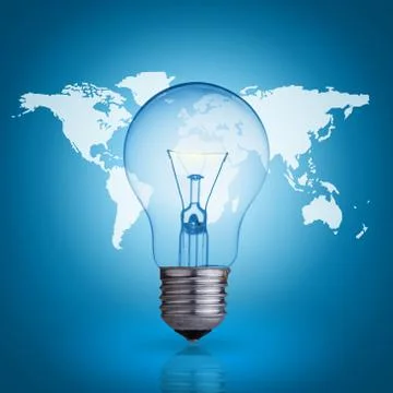 Light bulb on blue background world map Stock Photos