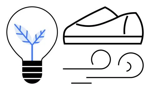 Light bulb with blue leaf inside, minimalist shoe graphic, dynamic wind lines Stockillustratie