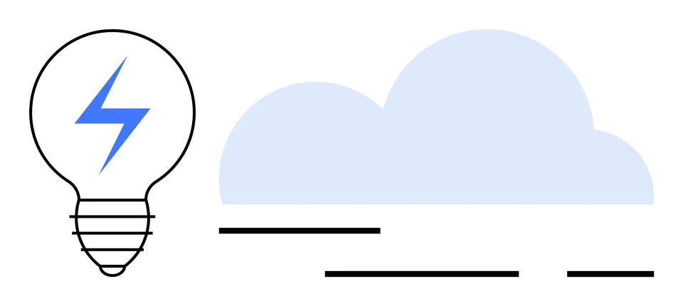 Light bulb with blue lightning bolt next to a light blue cloud. Ideal for inn Stock Illustration