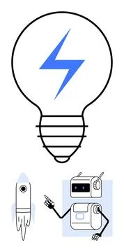 Light bulb with blue lightning bolt a rocket, and a pointing robot. Ideal for Stock Illustration