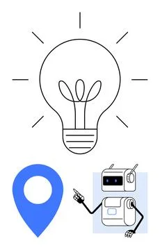 Light Bulb, Blue Map Pin, and Robot with Pointer Arm Suggest Ideas, Locatio.. Stock Illustration