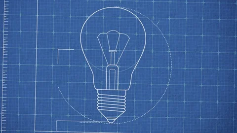 Light bulb blueprint 4K - Drawing on from various angles Stock Footage 129008766
