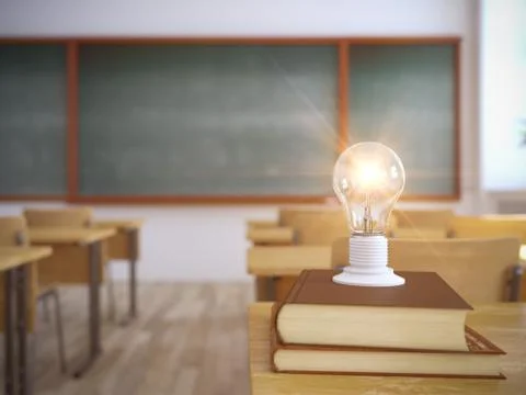 Light bulb on books in empty school classroom. 3d rendering Stock Illustration