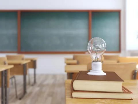 Light bulb on books in empty school classroom. 3d rendering Stock Illustration