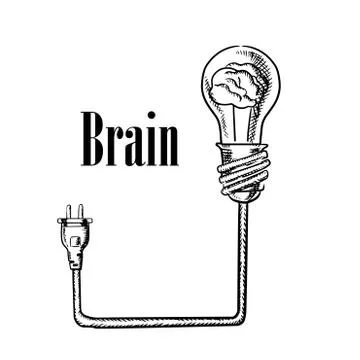 Light bulb with brain connected to plug Stock Illustration