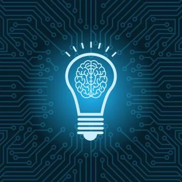 Light Bulb With Brain Inside Icon Over Blue Circuit Motherboard Background Stock Illustration