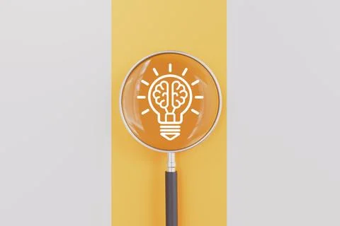 Light bulb with brain inside of magnifier glass for problem solving concept Stock Photos