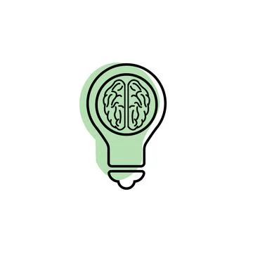 Light bulb with a brain inside outline with color shadow vector icon in educa Stock Illustration