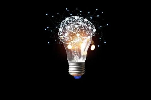 Light Bulb Brain with shining wireframe, Neural networks and artificial int.. Stock Photos