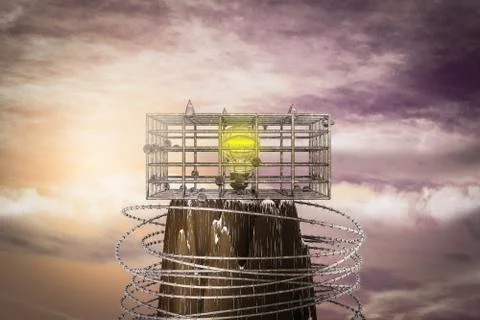 Light bulb in a cage on the top of a mountain at sunset magenta day. Stock Illustration