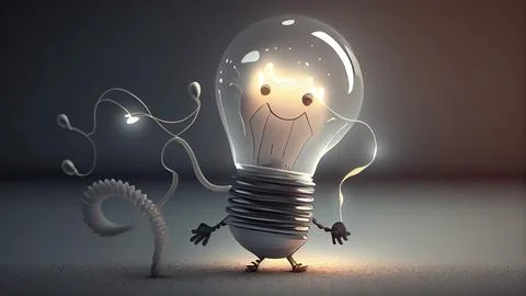 Light bulb character in front of a dark background. Stock Illustration