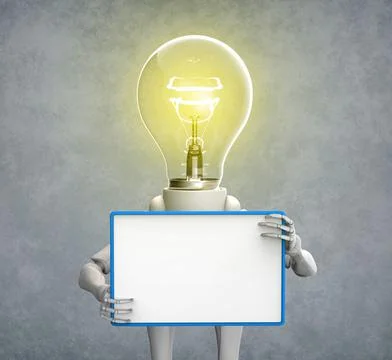Light bulb character is holding a small advert board Stock Illustration