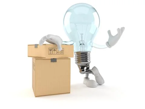 Light bulb character with stack of boxes Ilustración de archivo