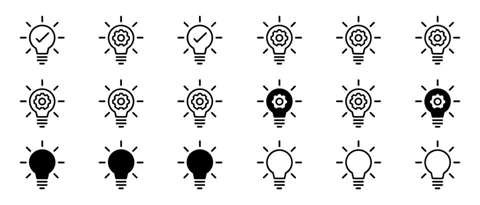 Light Bulb with Checkmarks and Gears in Rows black Stock Illustration
