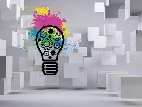 Light bulb with cogs on background with cubes Stock Illustration