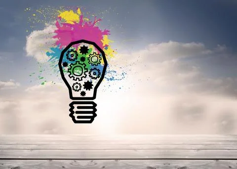 Light bulb with cogs on splashes in sky Иллюстрация