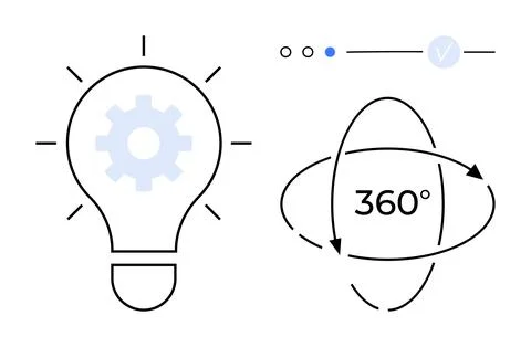 Light bulb containing a gear, 360-degree rotation arrows, indicator circles,  Stock Illustration