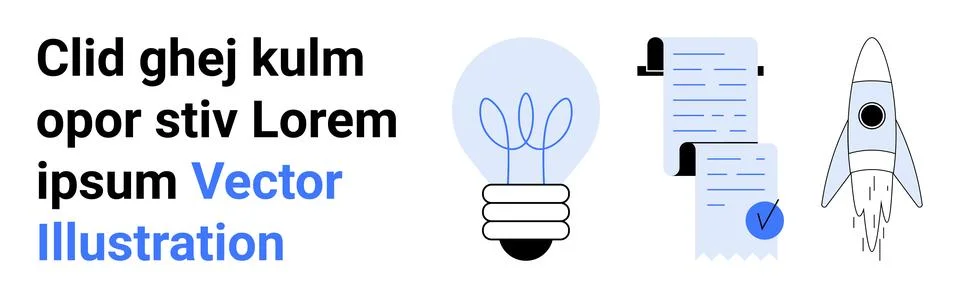 Light bulb, document with check mark, and rocket elements. Ideal for business Stockillustratie