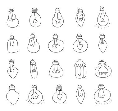 Light bulb doodle lighting outline set Stock Illustration