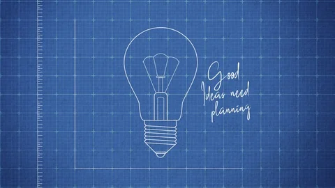 Light bulb drawing on Blueprint - 4K - with 'Good ideas need planning' writing Stock Footage 129008761