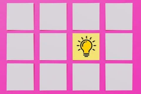 Light bulb drawing on note paper with empty ones on pink background Stockillustratie