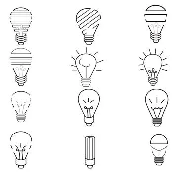 Light bulb drawing set, Lamp doodle icon or outline with black lines of bri.. Stock Illustration