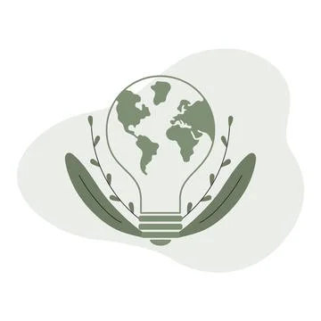 Light bulb with earth design surrounded by leaves on green background Stock Illustration
