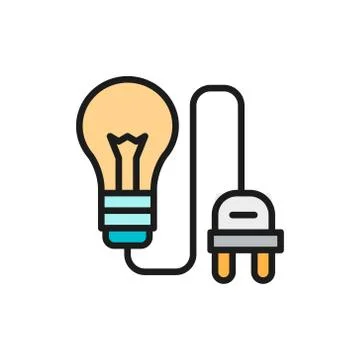 Light bulb with electrical plug, connect flat color line icon. Stock Illustration