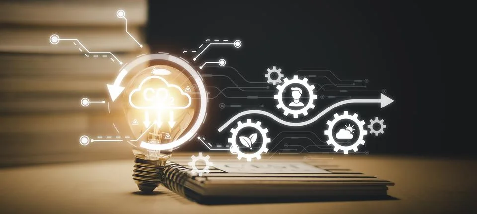 Light bulb with energy worker interface, sustainable development with renewab 스톡 사진