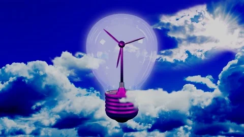 Light bulb in the evening clouds sky with a rotating wind turbine inside Vidéo 130866667