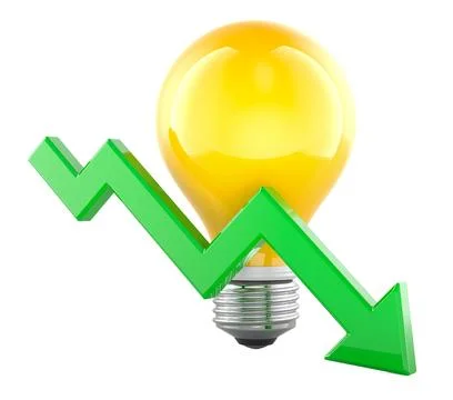 Light bulb with falling green arrow. Lower electricity prices or reduced en.. Stock Illustration