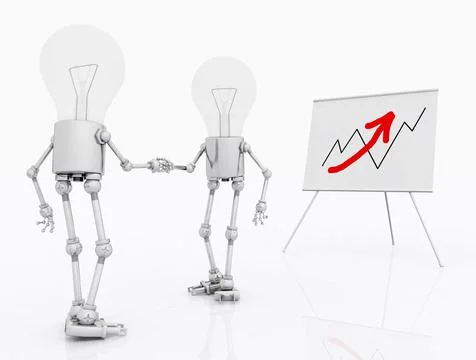 Light bulb figures and flipchart with sales curve Illustrazione stock